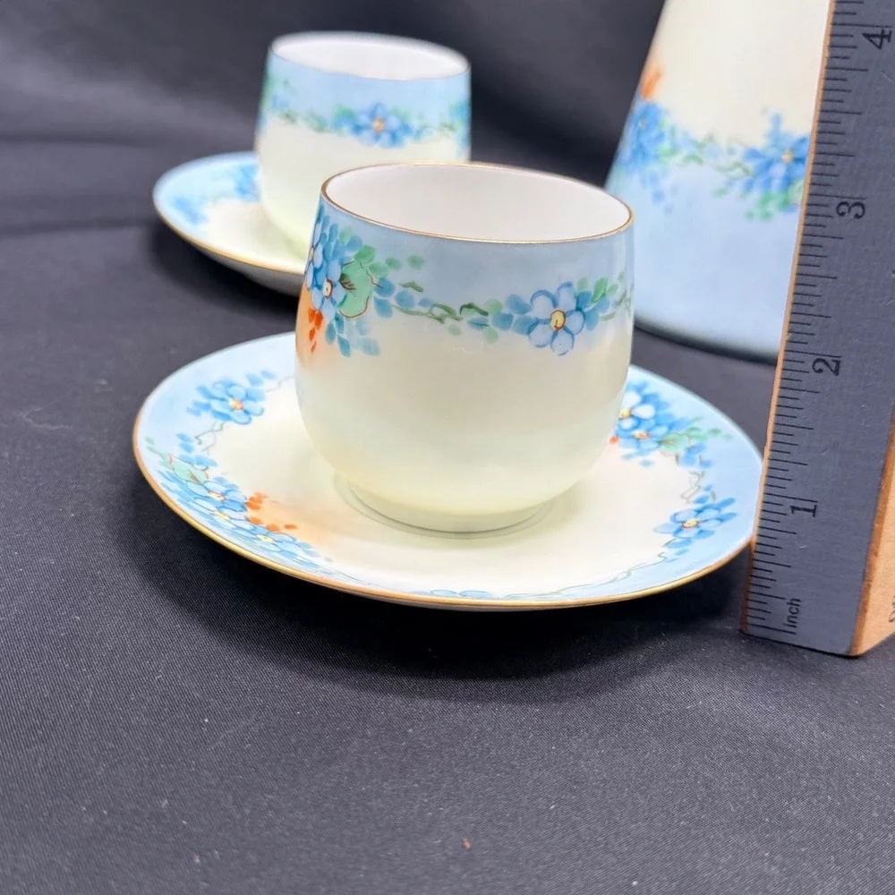 Vintage Porcelain Chocolate Pot Set Blue Floral Gold Gilt 4 Cups and Saucers